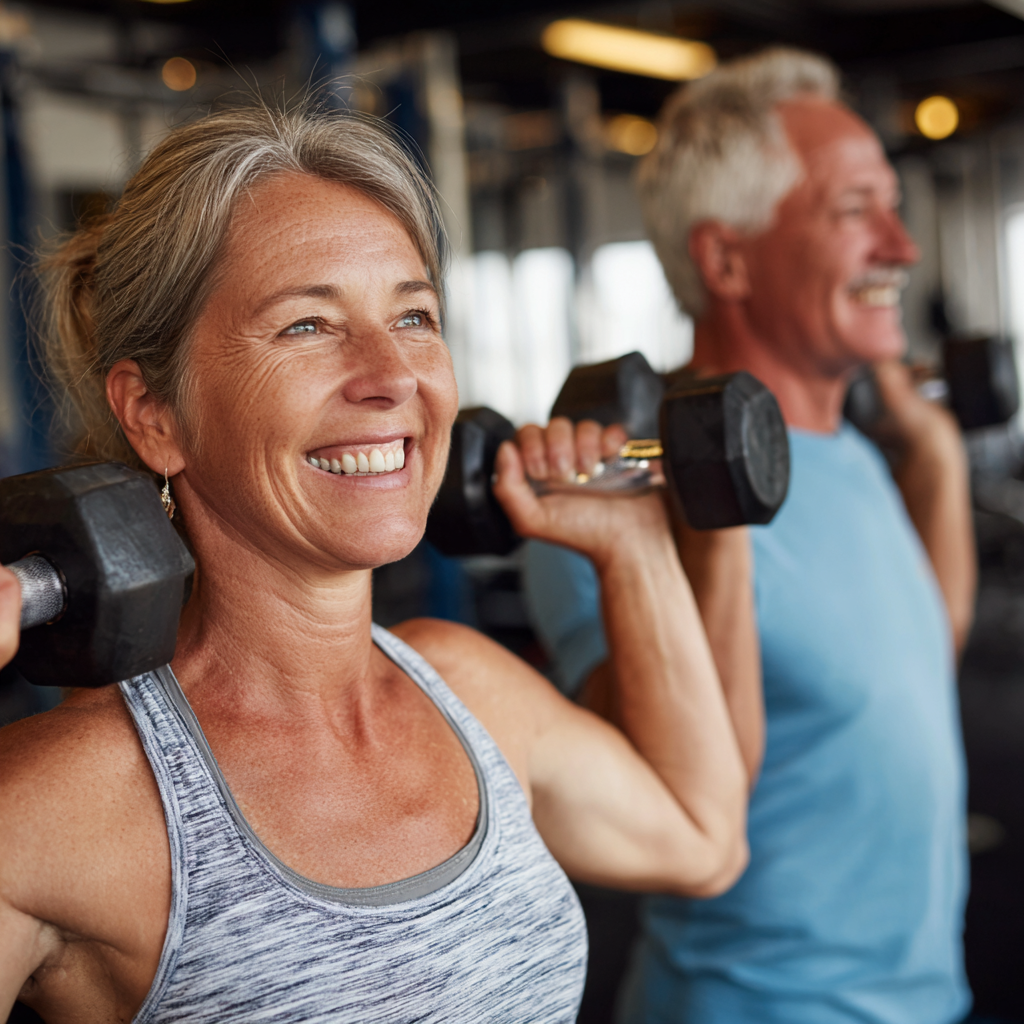 mature adults enjoying strength training workout session