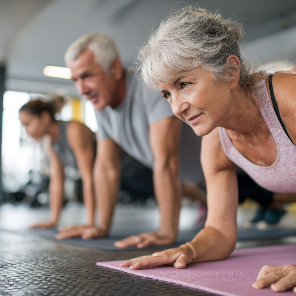 middle-aged adults exercising safely with professional trainer guidance